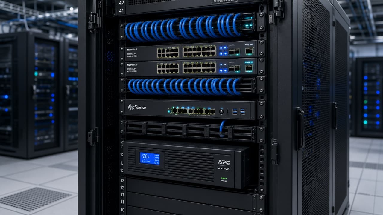 Enterprise IT server rack with blue network patch cabling, managed switches, and UPS