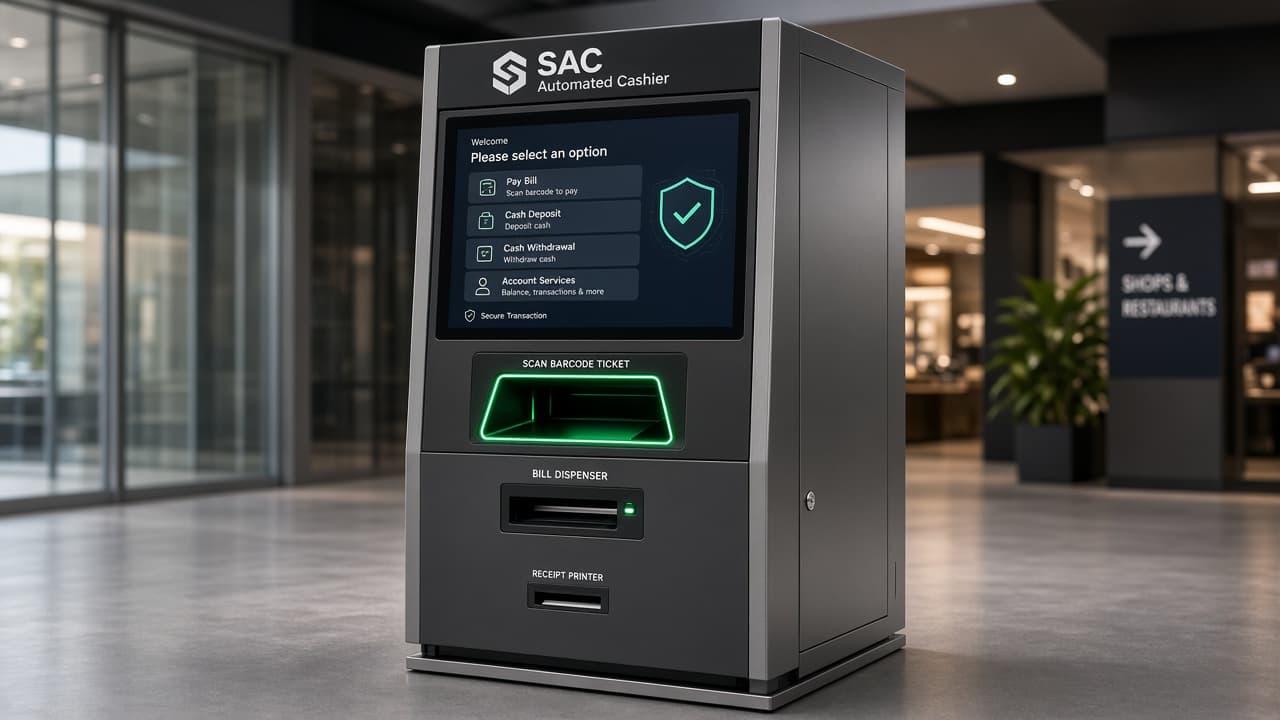 SAC Automated Cashier kiosk with dark mode touchscreen UI, barcode scanner, and cash dispenser