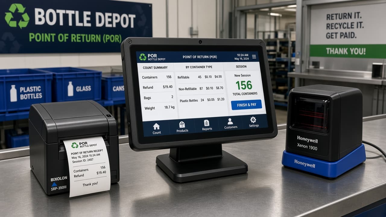 Solum Point of Return (POR) touchscreen terminal, Bixolon printer, and scanner on bottle depot counter